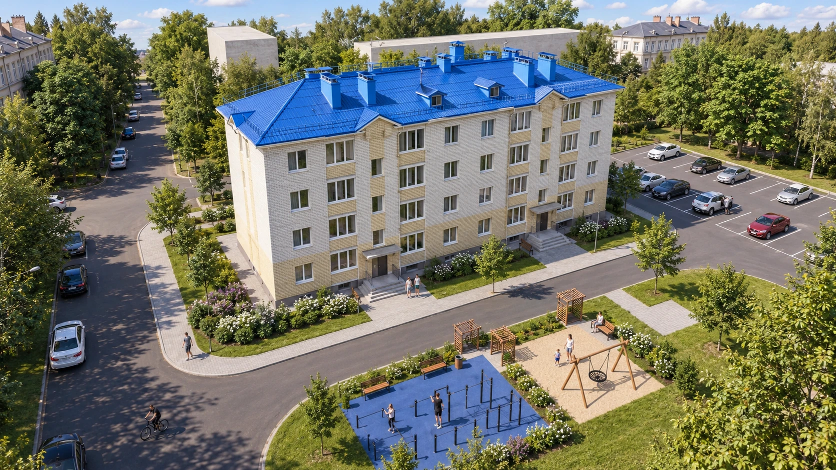 Визуализация будущего двора с высоты: дом по живым фото, ровные проезды, парковка и площадки