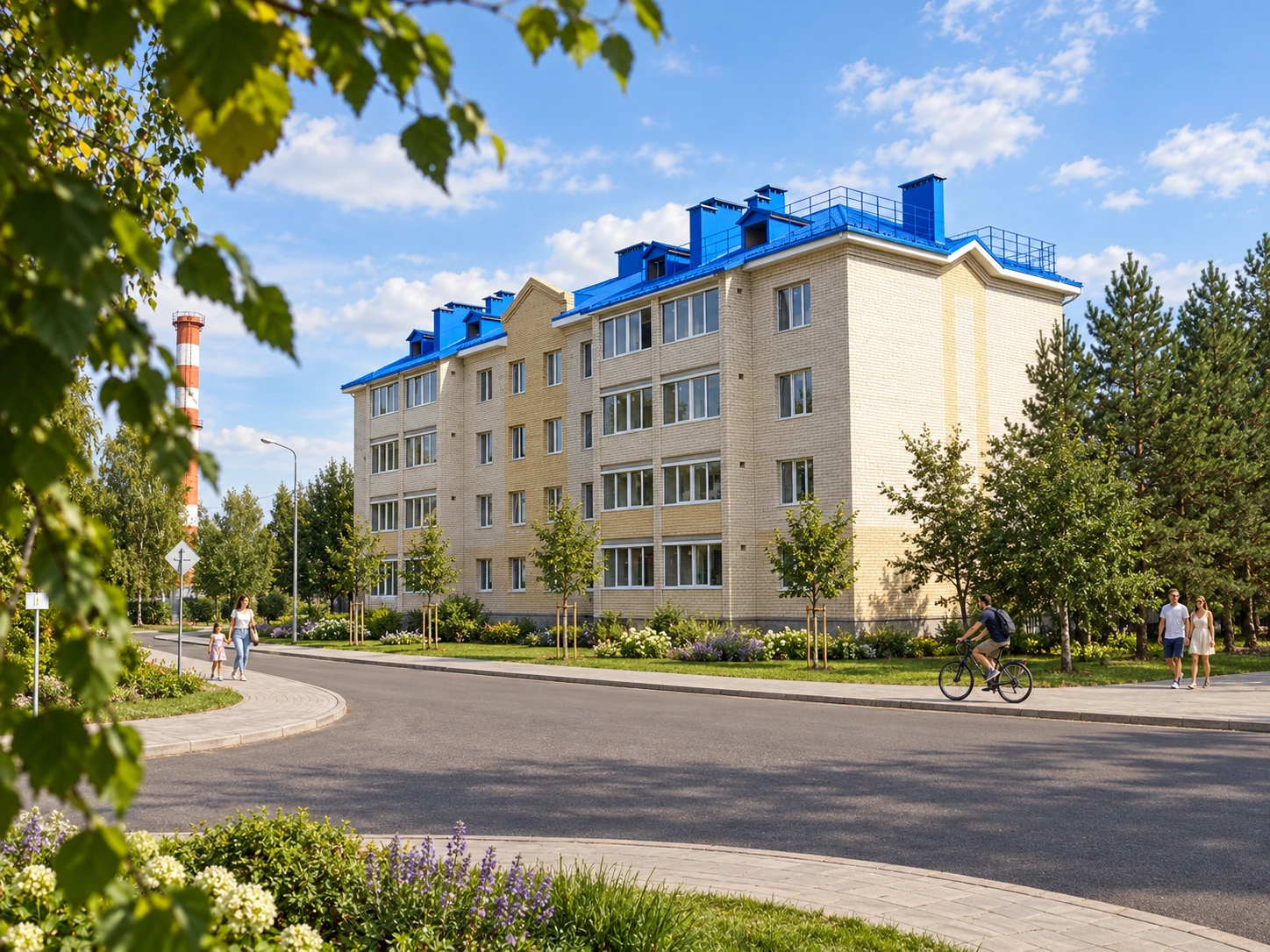 Визуализация будущего благоустройства: уличный фасад по живому фото, ровная дорога, тротуар и газоны